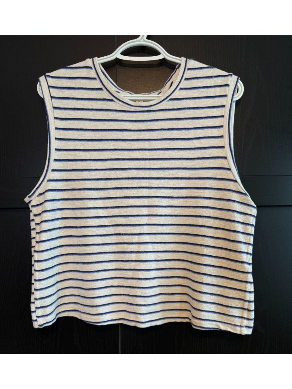 AMO Women's Sleeveless Striped Denim Crop Babe Tee Top Large Soft Beachy